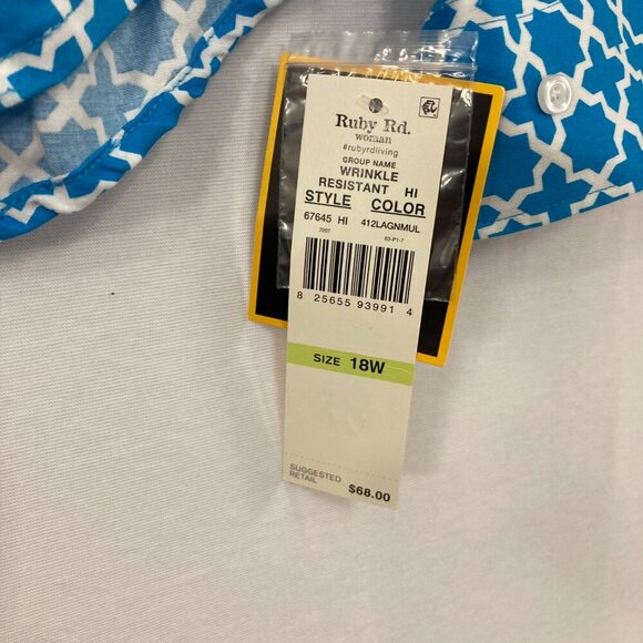 New Ruby Rd. size 18W Wrinkle Resistant Blue White Geometric Button Down Office - Picture 3 of 9